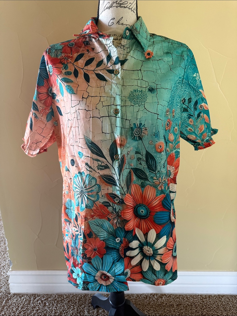Cherry Betty Floral Button-Up Short Sleeve Shirt in Teal & Coral